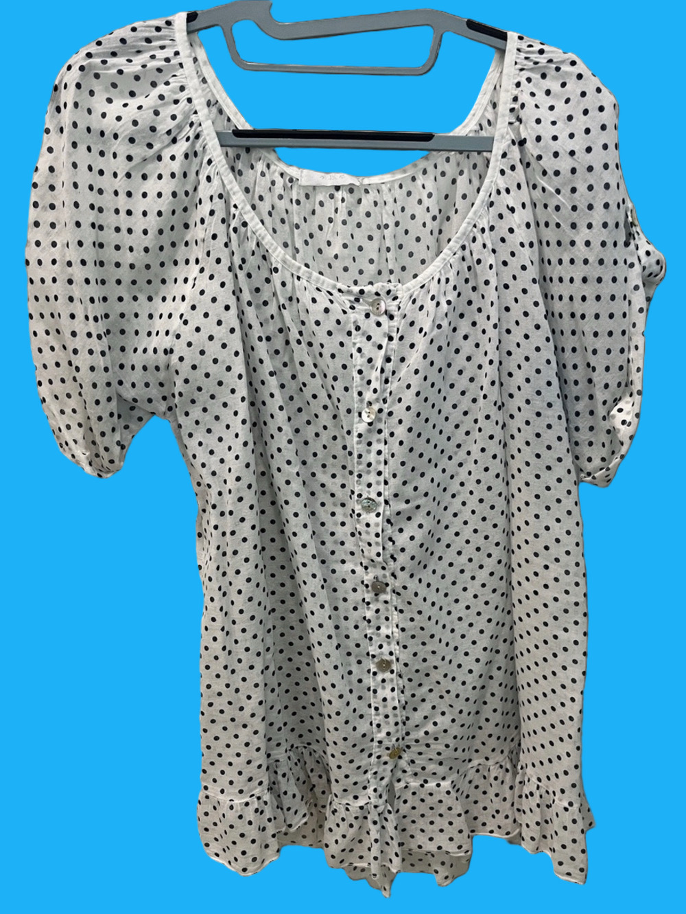 ☀️ White w/Dark Blue Polka Dot Button-Front Women’s Blouse